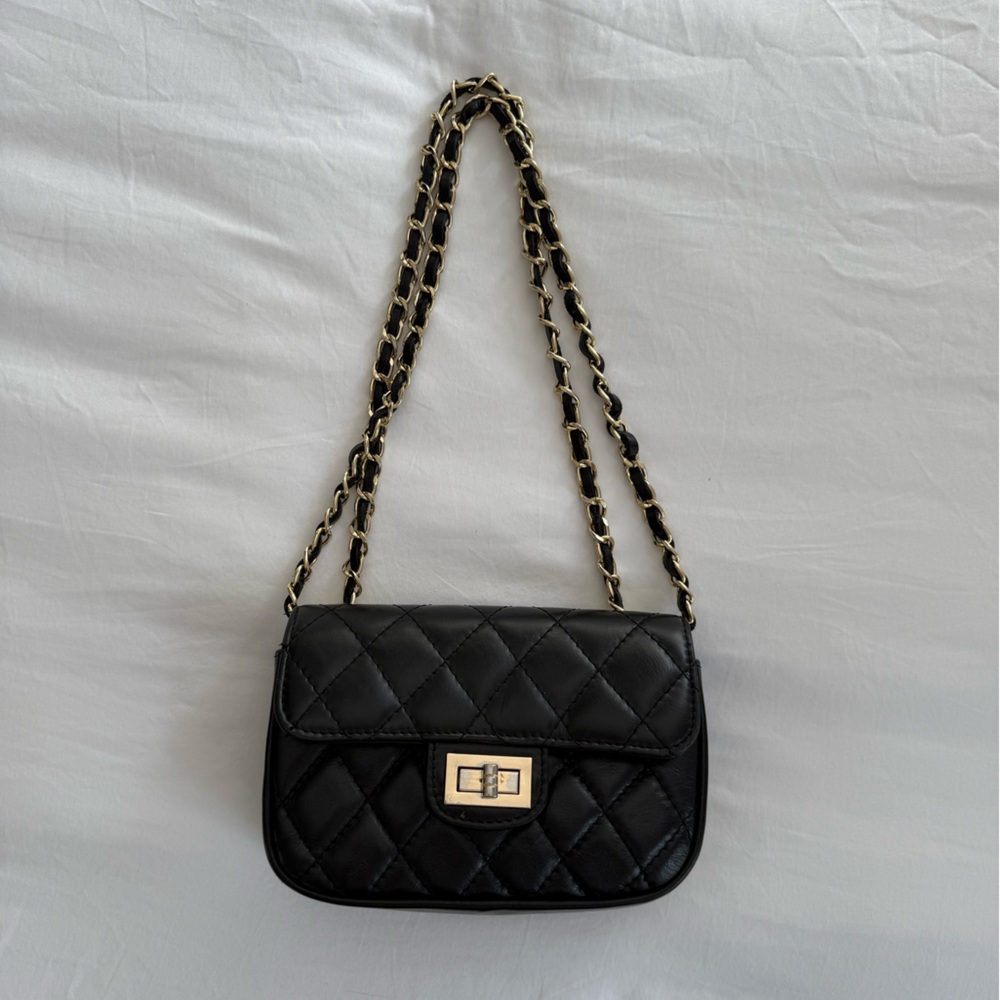 Quilted Italian Leather Flap Purse - Gold Chain